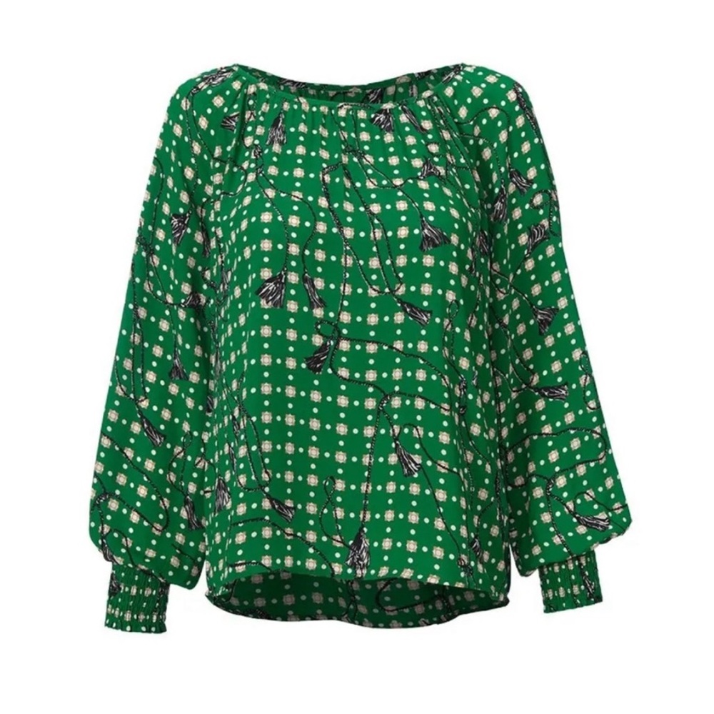 Cabi Voyage Long Sleeve Blouse Green Polka Dot Tassel Top 4535 Womens Large